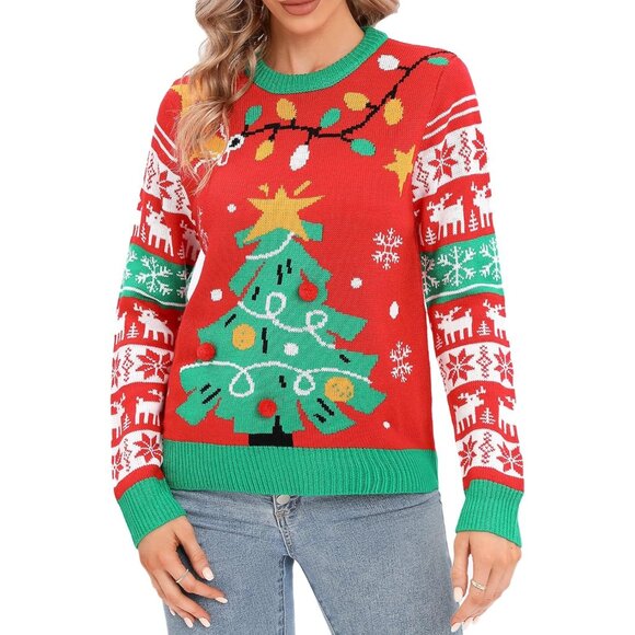 Women Red Cute Fuzzy Funny Wintertime Holiday Parties Knitted Pullover Sweater